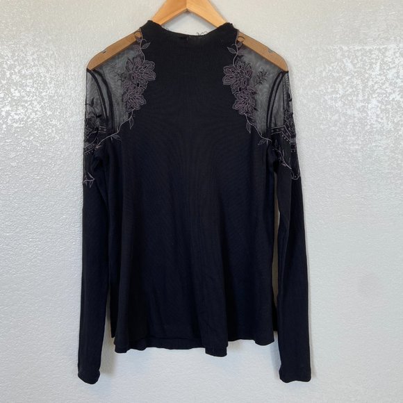 Free People Black Ribbed Daniella Pieced Peekaboo Mesh Shoulder Top Size Small - Picture 7 of 9